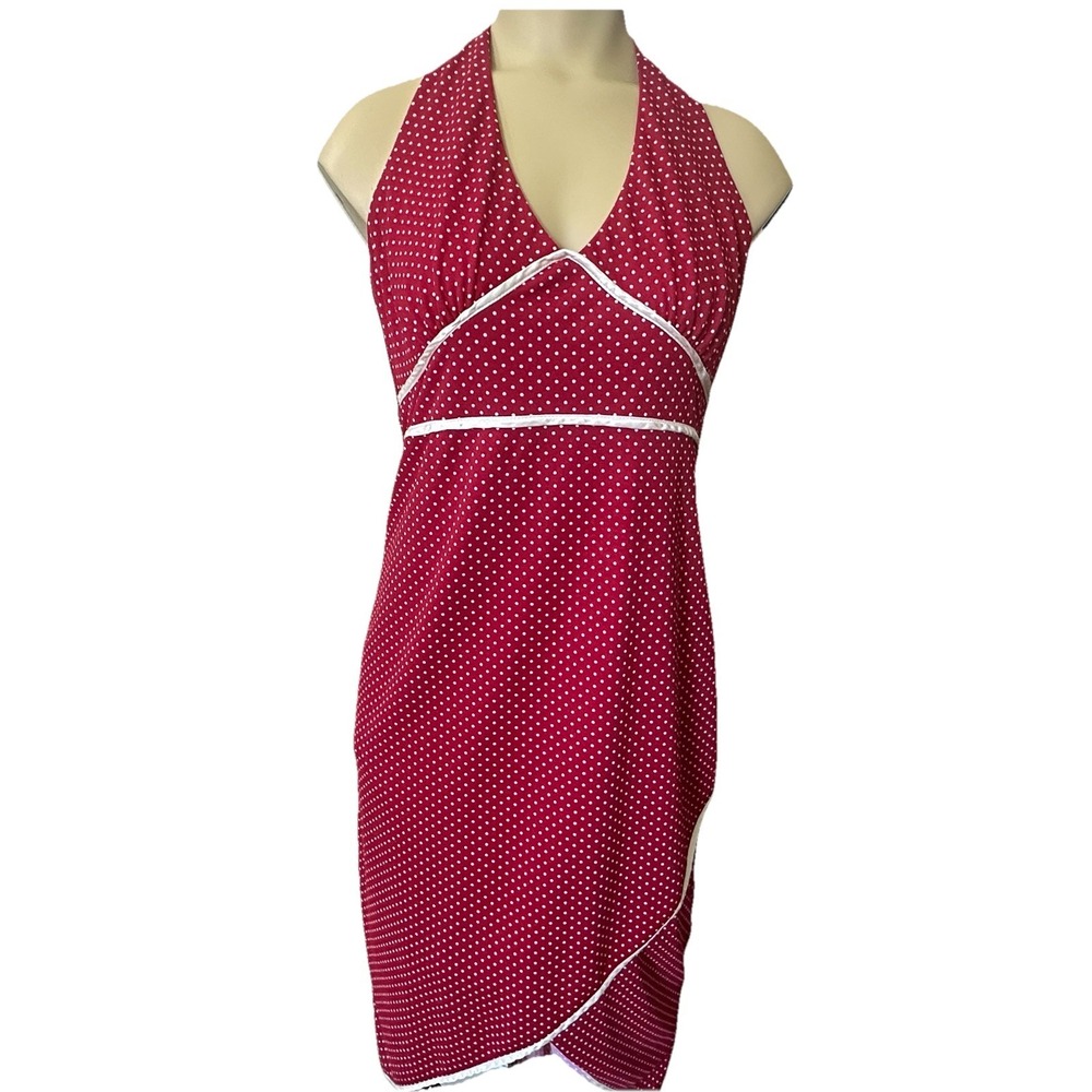 VTG City Triangles Red Polka‎ Dot Halter Dress 30x50 Inch Neck High Low Y2K USA